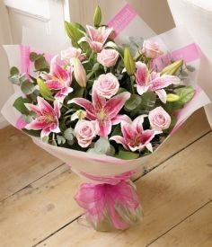 6 Pcs Stargazer Lilies with 6Pcs Pink Roses in a Bouquet