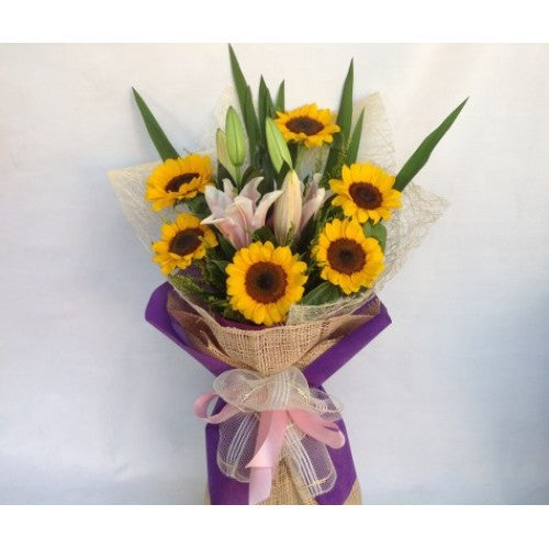 6 Pcs Sunflowers with 3 Stem Stargazer in a Bouquet